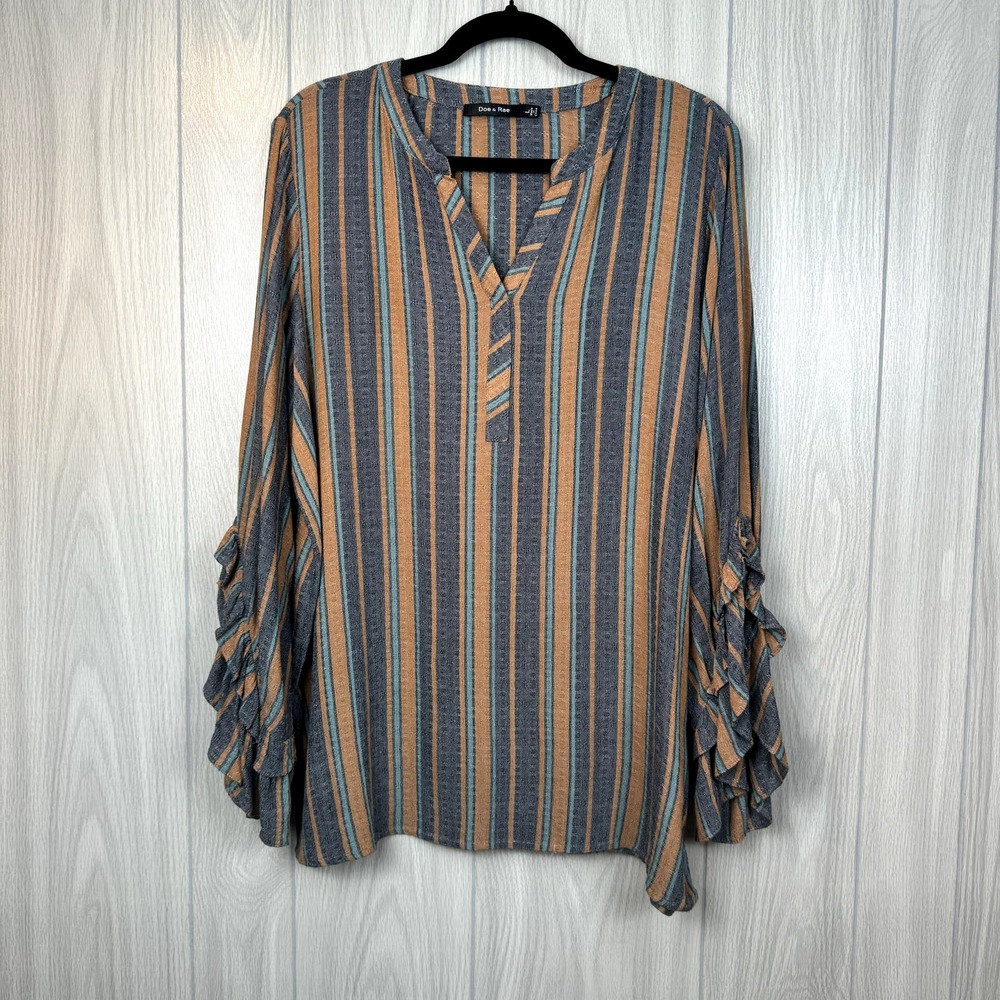 Doe & Rae Top Large Burnt Orange and Blue Striped Hippie Boho Bell Sleeve